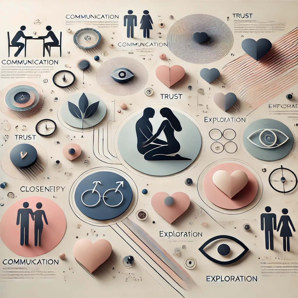 Elegancka i abstrakcyjna infografika o intymności i związkach. Projekt zawiera delikatne pastelowe kolory, minimalistyczne ikony reprezentujące połączenie, zaufanie i eksplorację między parami. Układ jest nowoczesny i wyrafinowany, podkreślając elementy takie jak komunikacja, bliskość emocjonalna i wspólne doświadczenia w gustowny i stylowy sposób. Żadnych wyraźnych lub wulgarnych obrazów - tylko wyrafinowana i pouczająca prezentacja.