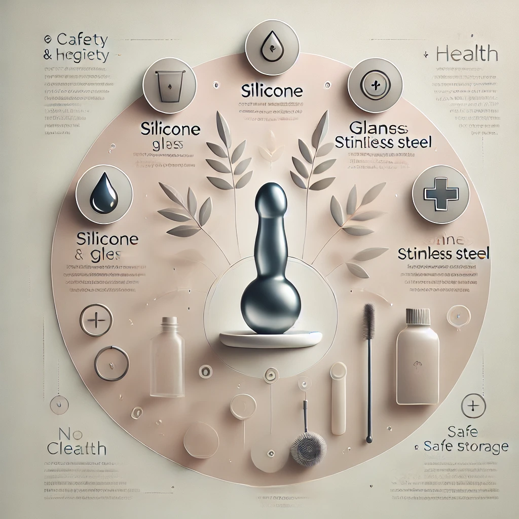 Infografika przedstawiająca materiały używane w produkcji akcesoriów, takich jak silikon, szkło i stal nierdzewna. Elementy wizualne podkreślają higienę, bezpieczeństwo i zdrowotne aspekty tych materiałów, wraz z ilustracjami narzędzi do czyszczenia i przechowywania
