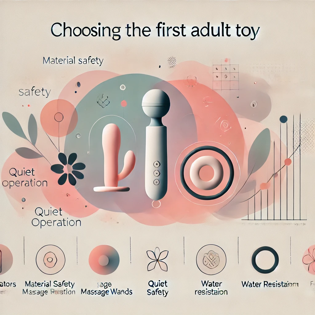Elegancka i abstrakcyjna infografika na temat wyboru pierwszej zabawki dla dorosłych. Projekt zawiera delikatne, pastelowe kolory, minimalistyczne ikony reprezentujące różne rodzaje produktów (wibratory, różdżki do masażu, pierścienie) oraz kluczowe czynniki, takie jak bezpieczeństwo materiału, cicha praca i wodoodporność. Układ jest nowoczesny i stylowy, unikając jakichkolwiek wyraźnych obrazów, zachowując jednocześnie wyrafinowany i informacyjny ton.